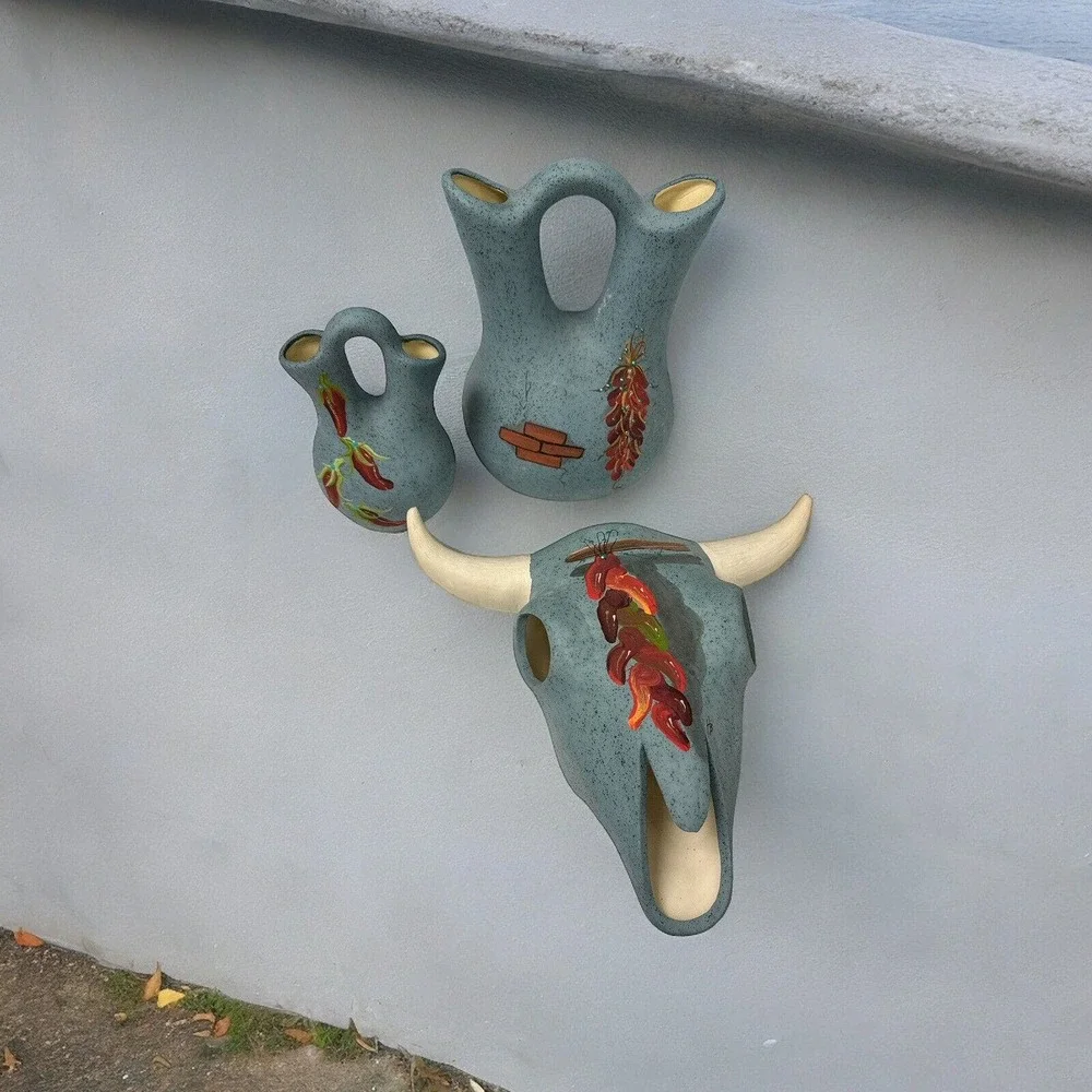 Lot 3 Hozoni Pottery Hand Painted Bull Skull Aqua Native American Indian + Vases